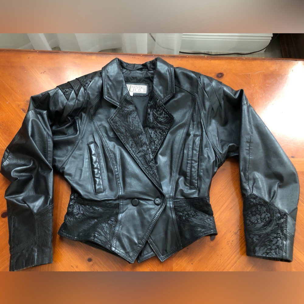 Black Leather Jacket With Patterned Lining Size S - image 1